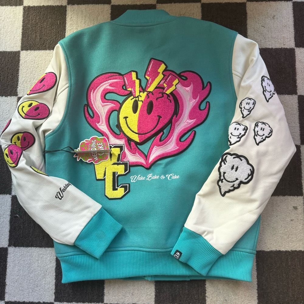 NEW Wedding Cake Varsity Jacket sz L wake bake cake rare!